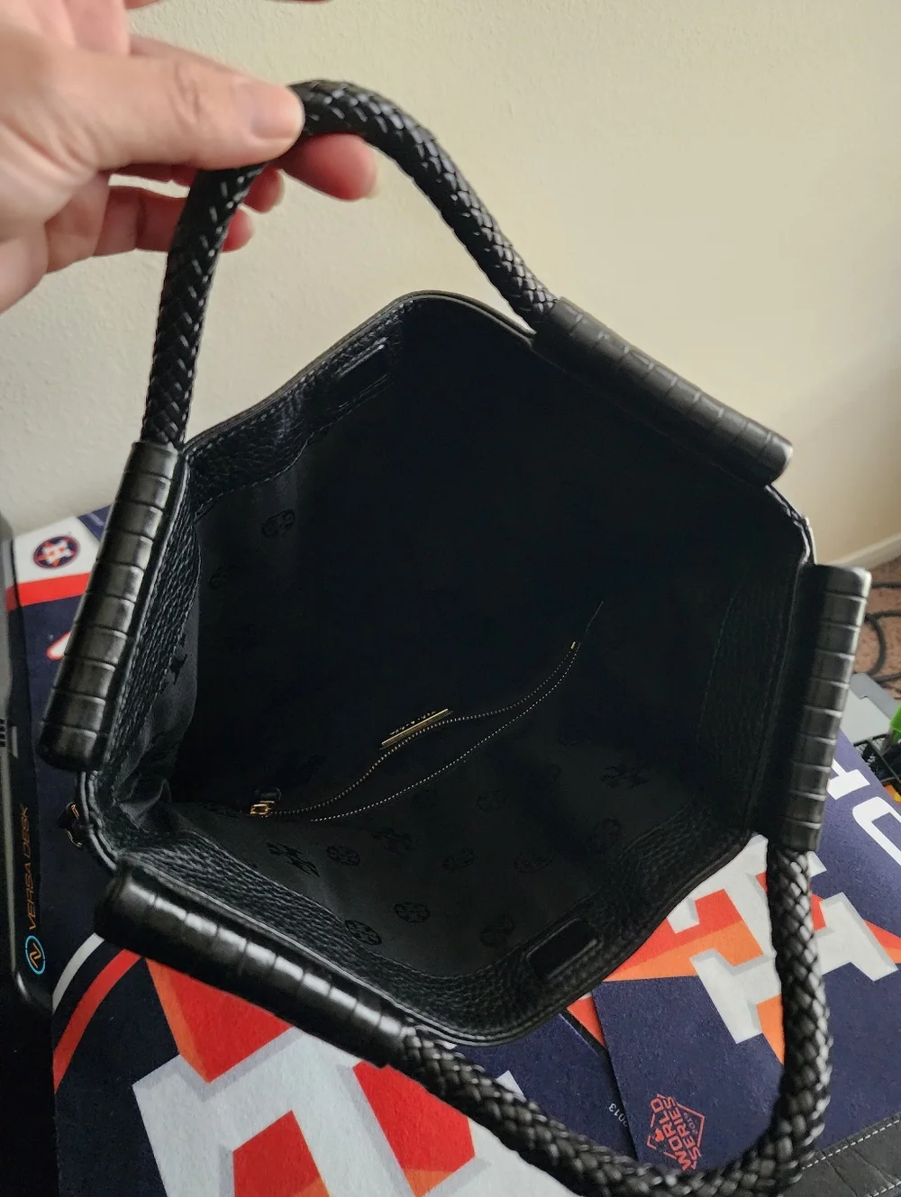 Black Leather Fold-Over Womens Bag with Matching Wallet Tory Burch